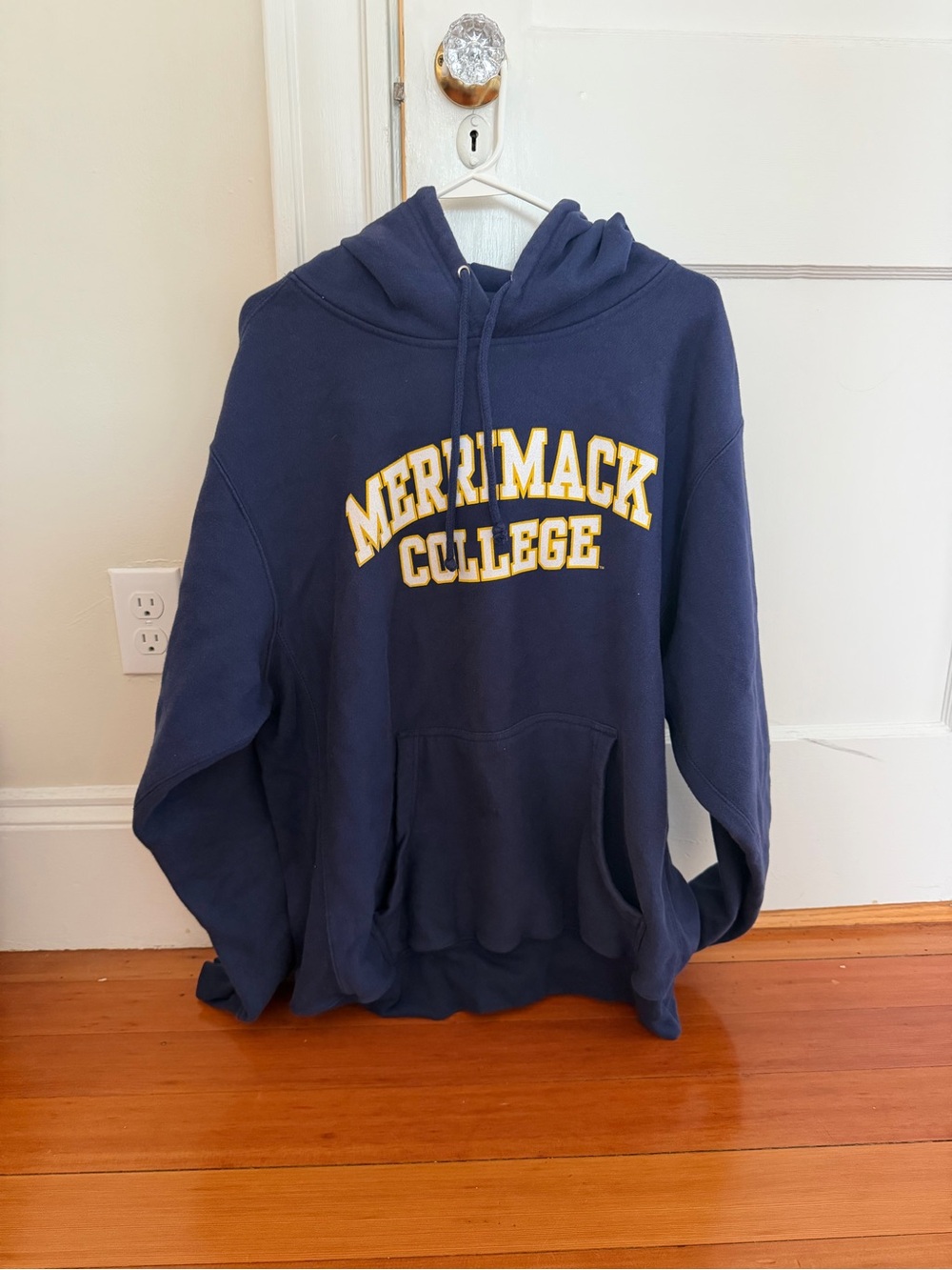 Merrimack College Navy Hoodie with Yellow and White Lettering